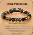 Triple protection natural black obsidian tiger eye and hematite beaded adjustable bracelet - Flat Knot Braided Triple Protection Style 25