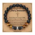 Men's matte obsidian and tiger eye beaded bracelet with cross charm, first communion gift card. - With Card / Style 3