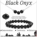 Set di gioielli in onice nera con collana bracciale e anello di perle di pietra naturale. - Nero lucido