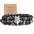 Pulsera de cuentas de piedra negra de doble capa con dije de cabeza de lobo y tarjeta de regalo. - 21