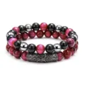 Pulsera de cuentas de doble capa con piedras ojo de tigre y abalorio de cilindro de metal. - 6