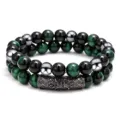 Pulsera de cuentas de ojo de tigre verde natural de doble capa con cilindro de metal. - 2