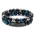 Pulsera de doble capa de cuentas de obsidiana ojo de tigre azul tubo de metal gótico hombre - Estilo 3