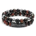 Pulsera de cuentas de doble capa de ojo de tigre rojo con tubo de metal grabado. - 5