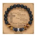 Matte black obsidian and tiger's eye beaded bracelet with cross charm, men's religious gift. - With Card / Style 12