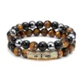 Pulsera de cuentas de ojo de tigre natural y obsidiana de doble capa con dije cilíndrico dorado. - 7