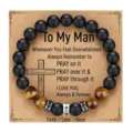 Mens Matte Black Obsidian Tiger Eye Beaded Stone Bracelet Cross Religious Gift Jewelry. - With Card / Style 14