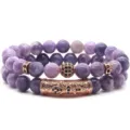 Pulsera de Cuentas de Piedra Púrpura Doble Capa Acentos Oro Rosa Joyería Elegante - 8