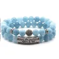 Pulsera de cuentas de piedra azul de doble capa con dijes de plata vintage para mujer. - 9