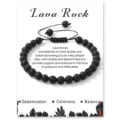 Black lava rock beaded bracelet with adjustable braided rope and display card. - Lava Stone