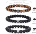 Set de pulseras de cuentas de piedra natural con ojo de tigre, ágata negra y roca de lava. - Ojo de tigre, piedra de lava mate y cuentas antiguas