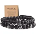 Pulsera de hombre de doble capa con corona piedra lava y obsidiana negra y tarjeta - 28