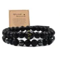 Conjunto de pulseras de cuentas de piedra de lava obsidiana negra con tarjeta inspiradora. - 18