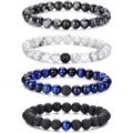 Conjunto de pulseras de cuentas de piedra natural con cuentas centrales, joyería elegante. - Conjunto de cuentas antiguas de obsidiana copo de nieve, turquesa blanca y piedra de lava azul 04