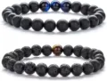 Set de pulseras de cuentas de piedra natural, rocas de lava negra mate con piedras de ojo de tigre. - Piedra volcánica azul mate