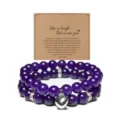 Dubbellaags paarse stenen kralen armband set met hart hanger cadeau voor vrouwen en meiden - Paars