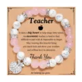 Teacher appreciation beaded bracelet with rhinestone apple charm and custom greeting card. - Apple Pendant / With Display Card / Pink Quartz White Turquoise