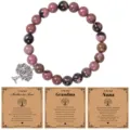 Pink zebra stone bead bracelet with tree of life pendant and sweet greeting card for gift. - No Card / Rhodonite with Black Lines