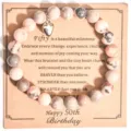 Pulsera de cuentas de jaspe cebra rosa con dije de corazón para regalo 50 cumpleaños - Estilo de 50 cumpleaños