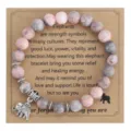 Pink zebra jasper stone beaded bracelet with silver elephant pendant, friendship gift. - Elephant Pendant / With Display Card / Pink Zebra Jasper