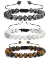 Set aus Naturstein Perlenarmbänder mit Tigerauge, Obsidian und weißem Stein verstellbar. - 8 mm Geflochten 3 Stück