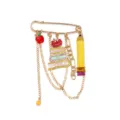 Gold tone safety pin brooch featuring school themed apple, book, and pencil charms. - Book Apple Pencil Chain Brooch