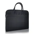 Black business laptop bag detail, durable fabric briefcase with double handles and zipper closure. - Black