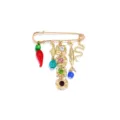 Bohemian multi-charm safety pin brooch featuring cute fish, red chili and sparkling rhinestones. - Gold