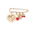 Gold alloy safety pin brooch featuring cute sun heart and red cherry charms for women. - Drip Oil Cherry Heart Style / Gold