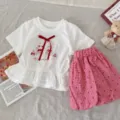 Joli t-shirt blanc à manches courtes pour bébé fille avec nœud rouge et jupe ensemble été - 80cm / Bas