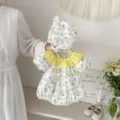 Infant baby floral romper bodysuit with matching bonnet, cute yellow collar detail, summer outfit. - 66cm
