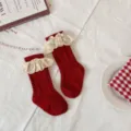Calzini rossi per neonato con volant in pizzo bianco graziosi collant autunno inverno - 66cm / Calze S (0-6M)