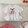 T-shirt d'été blanc à manches courtes pour bébé fille avec nœud rouge et motif d'ours mignon. - 80cm / Hauts