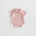 Cute baby pink polo romper with short sleeves and sweet dog embroidery detail for summer days. - 66cm / Pink