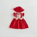 Grazioso completo estivo rosso da bambina con fantasia floreale e cappello abbinato - 73cm / Rosso