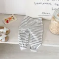 Infant striped ribbed leggings detail, featuring soft elastic fabric for daily wear. - 66cm / Gray