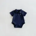 Baby boy summer short sleeve romper polo collar cute dog embroidery infant bodysuit navy blue - 66cm / Navy Blue