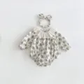 Detailed shot of infant baby girl floral long sleeve romper with cute lace collar and headband. - 66cm / Apricot