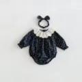 Baby girls long sleeve floral romper with white lace collar and headband set for autumn. - 66cm / Black