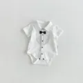 Cute baby boy summer tuxedo romper with bow tie and collar, soft cotton infant bodysuit. - 66cm / White