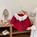 Toddler baby girl red long sleeve romper with white embroidered lace collar, autumn style. - 73cm / Red Romper
