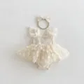 Tutina estiva in tulle per neonata con applicazioni di fiori 3D e fascia con fiocco - Beige / 66cm