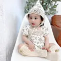 Adorable baby girl floral romper set with matching bonnet and lace socks for summer wear. - 66cm / Beige