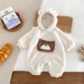 Infant baby fleece hooded romper, cute bear ear design, warm winter baby climbing clothes. - 66cm / Apricot