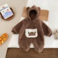 Cozy brown fleece baby hooded romper with cute bear ears and pocket, perfect for autumn winter. - 66cm / Coffee
