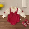 Tutina neonata manica lunga con grazioso fiocco, colletto con volant, morbido tessuto a costine. - 66cm / Rosso