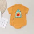Cute baby short sleeve romper in bright yellow with a fun cartoon shark back print for summer. - 66cm / Little Shark