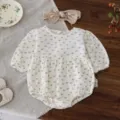 Tutina neonata manica lunga con stampa floreale e fascia per capelli set autunno moda - Pagliaccetto floreale marrone