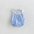Carina tutina neonata a righe con colletto in pizzo bianco, body estivo per neonati leggero. - 66cm / Blu