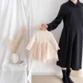 Abito Tutu Bambina Maniche Lunghe Costine Splicing, Carino Primavera Bimba Compleanno Vestito Bianco - 90cm / Albicocca